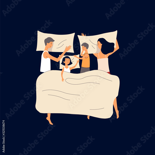 Cartoon family sleeping together in one bed - couple with two children