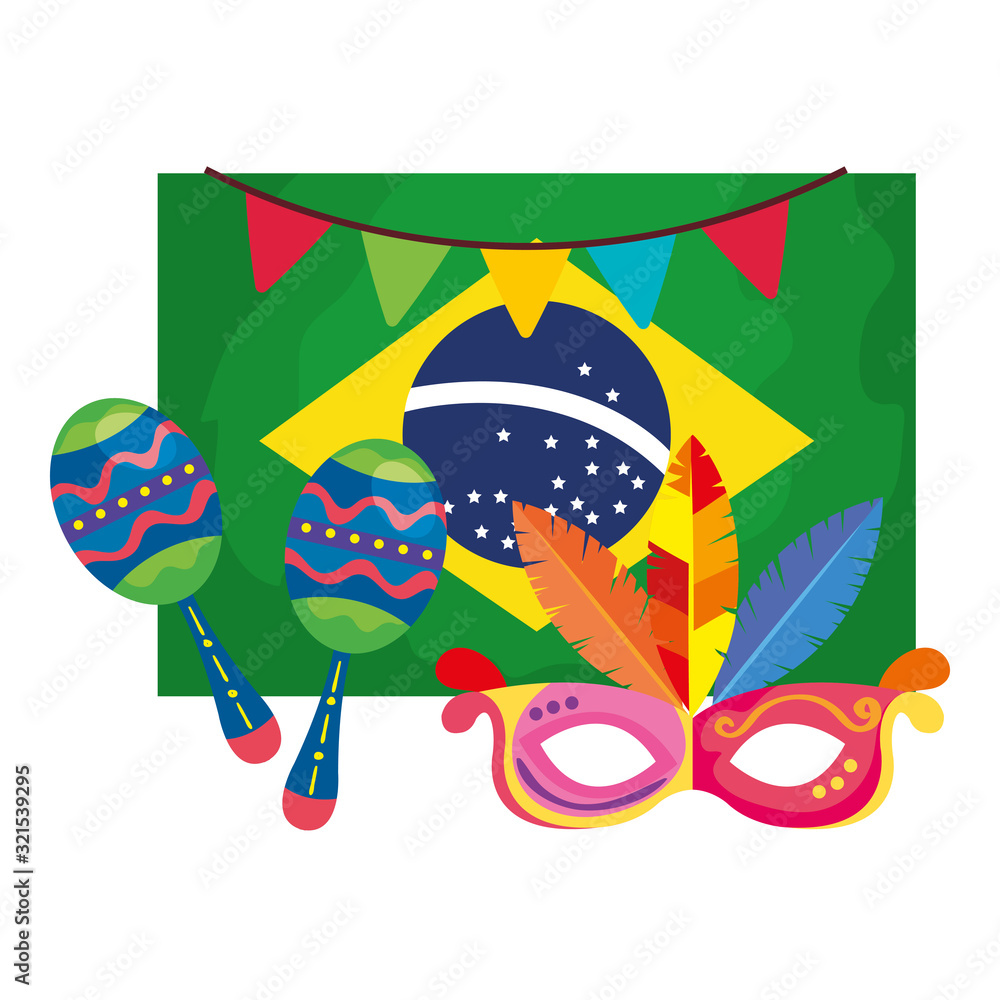 flag of brazil with mask carnival and maracas vector illustration design