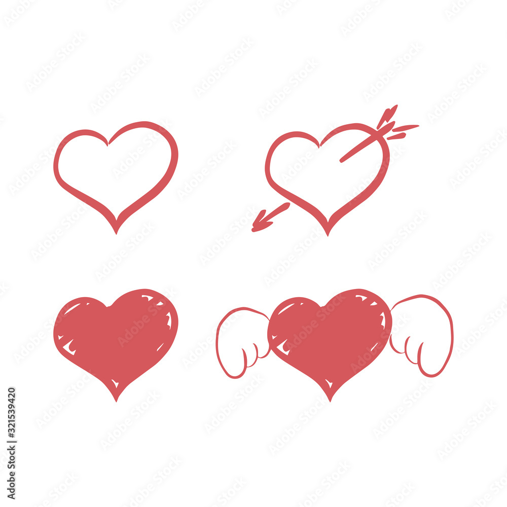Set of red vector hearts icons - handmade calligraphy. scalable and editable vector illustration.