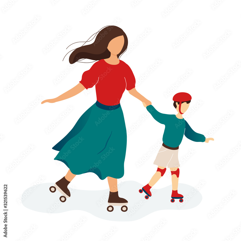 Mother and son skating on roller