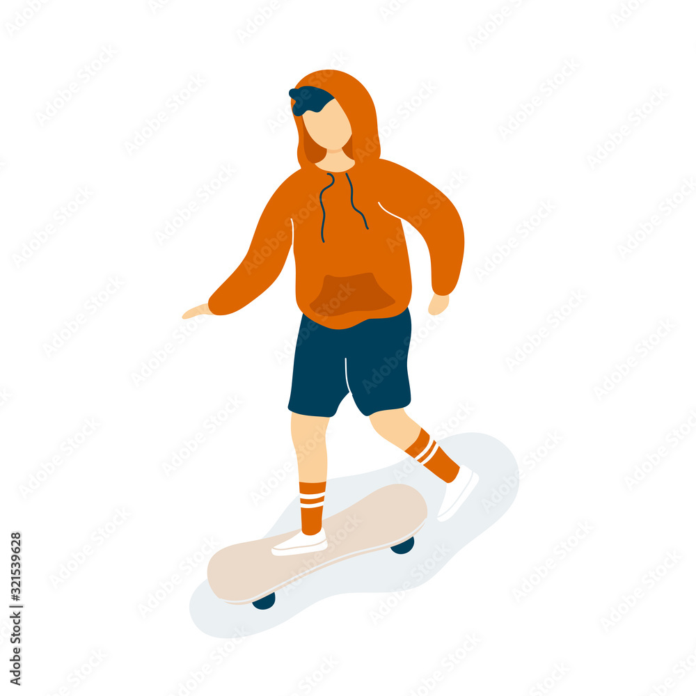 Teenager in hoodie skateboarding on the street 