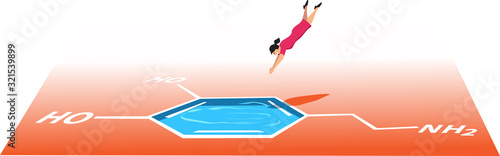 Woman jumping head first in a pool shaped like a dopamine molecule, EPS 8 vector illustration, no transparencies 