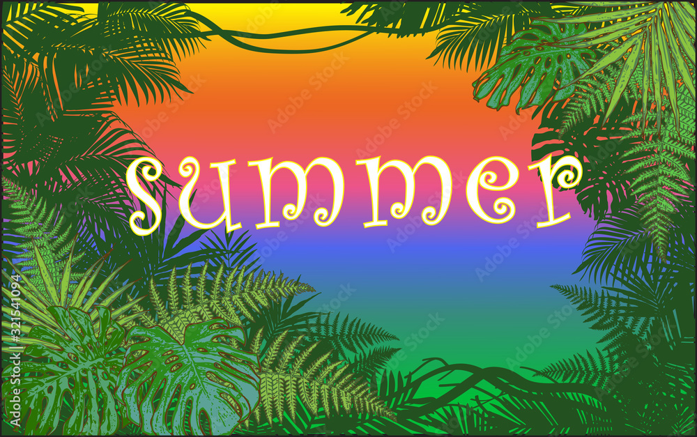 vector image of jungle palm fern on a background of the sea with the inscription summer