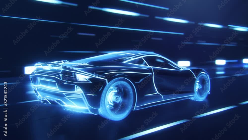 3D Car Model: Detailed Silhouette of Sports Car Driving at High Speed, Racing Through Tunnel into the Light. Blue Supercar Made of Blue Lines Driving Fast on Highway in Tron Style. VFX Special Effect 3D Car Model: Detailed Silhouette of Sports Car Driving at High Speed, Racing Through Tunnel into the Light. Blue Supercar Made of Blue Lines Driving Fast on Highway in Tron Style. VFX Special Effect