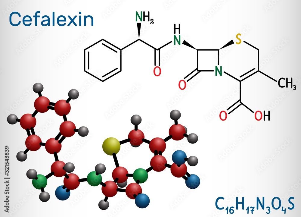 Cefalexin, cephalexin, C16H17N3O4S molecule. It is a beta-lactam, first-generation cephalosporin antibiotic with bactericidal activity. Structural chemical formula and molecule model. Vector illustrat