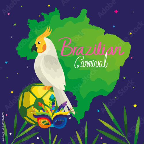 poster of carnival brazilian with parrot and traditional icons vector illustration design
