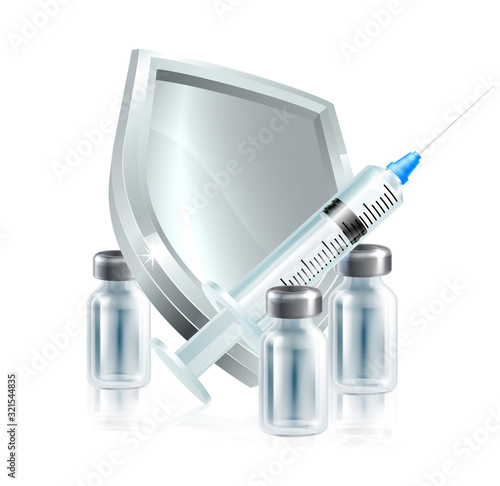 A medical syringe injection and vial bottle, possibly a vaccine, insulin or other medicine in front of protective shield concept.