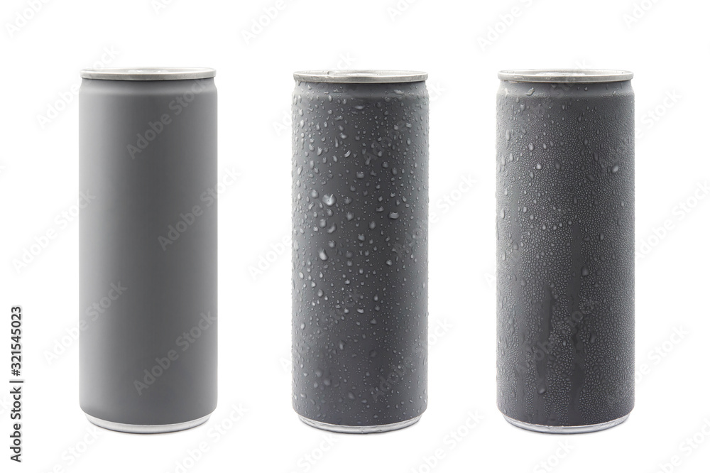 Gray aluminum cans isolated on white background with clipping path.Blank package no brand for sparkling water or soft drinks concept. Gray aluminum cans isolated on white background with clipping path.Blank package no brand for sparkling water or soft drinks concept.