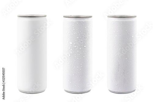 White aluminum cans isolated on white background with clipping path.Blank package no brand for sparkling water or soft drinks concept.