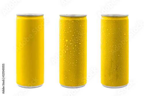 Yellow aluminum cans isolated on white background with clipping path.Blank package no brand for sparkling water or soft drinks concept.
