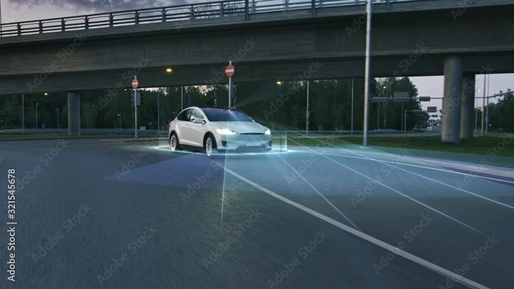 Autonomous Self Driving Car Moving Through City, Overtaking Other ...