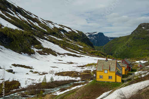 Snowy landscapes of the Vossevangen mountains in Norway photo