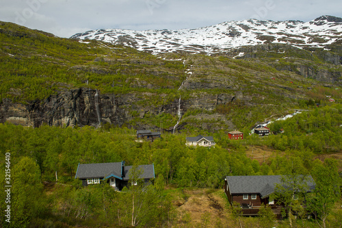 Snowy landscapes of the Vossevangen mountains in Norway photo