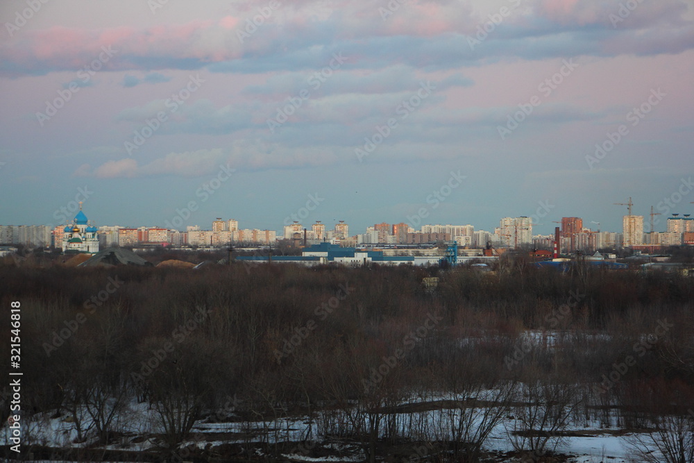 Moscow panorama, view from Observation deck in Park Kolomenskoe at winter evening