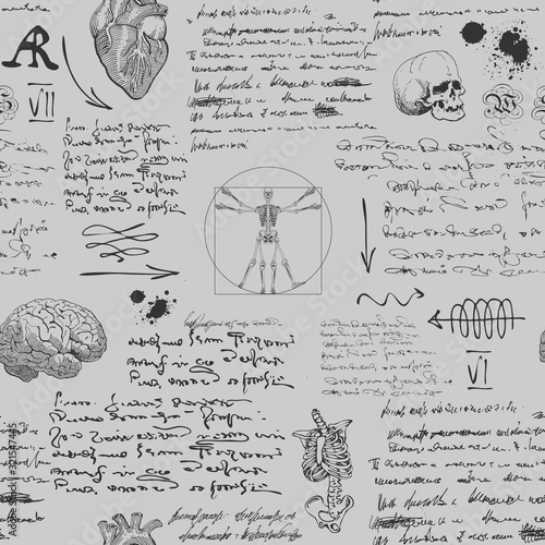  vector image of a seamless textural background in the style of notes from the diary of a scientist anatomist with sketches, formulas and notes