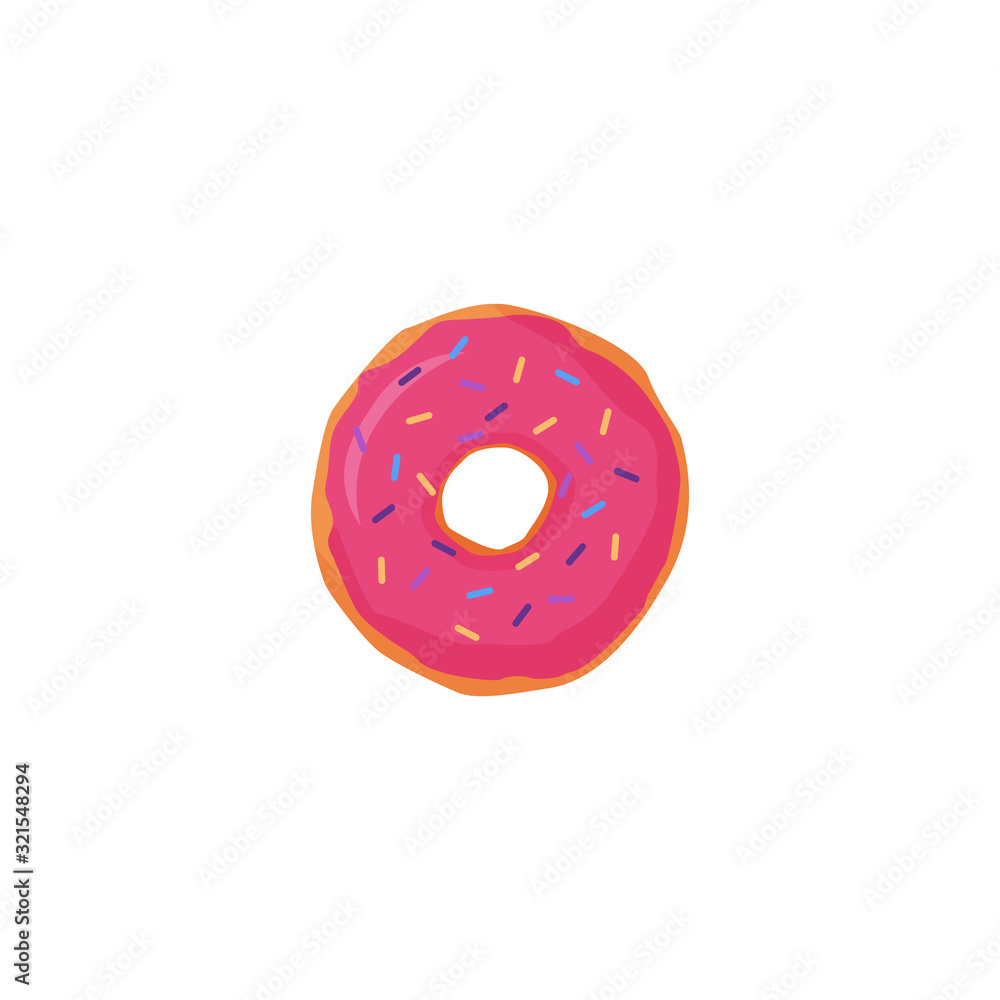 Pink donut on white background, flat vector illustration. Donut vector illustration Pink donut on white background, flat vector illustration. Donut vector illustration