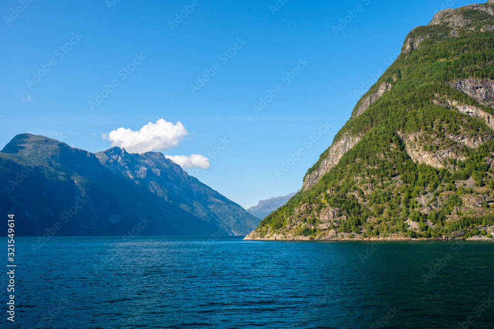 View on Geiranger fjord from the cruise ferry