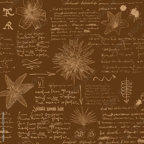  vector image of a seamless textural background in the style of notes from the diary of a botanist with sketches, formulas and notes