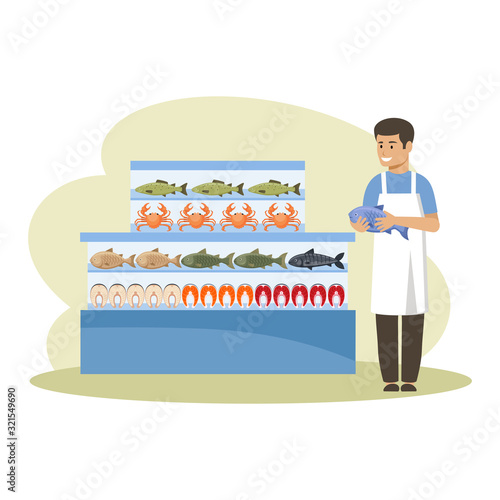 Supermarket. Seafood freezer. Fish shop. Seller