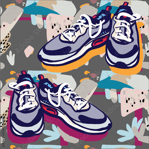 Seamless pattern with sneakers. Multi-colored youth pattern. Abstract background.