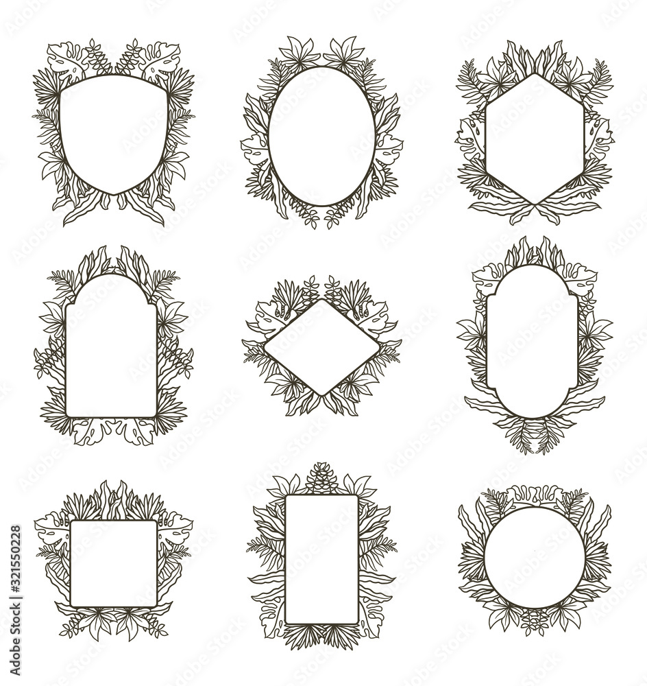 Set of hand drawn floral frame, isolated on white background Set of hand drawn floral frame, isolated on white background