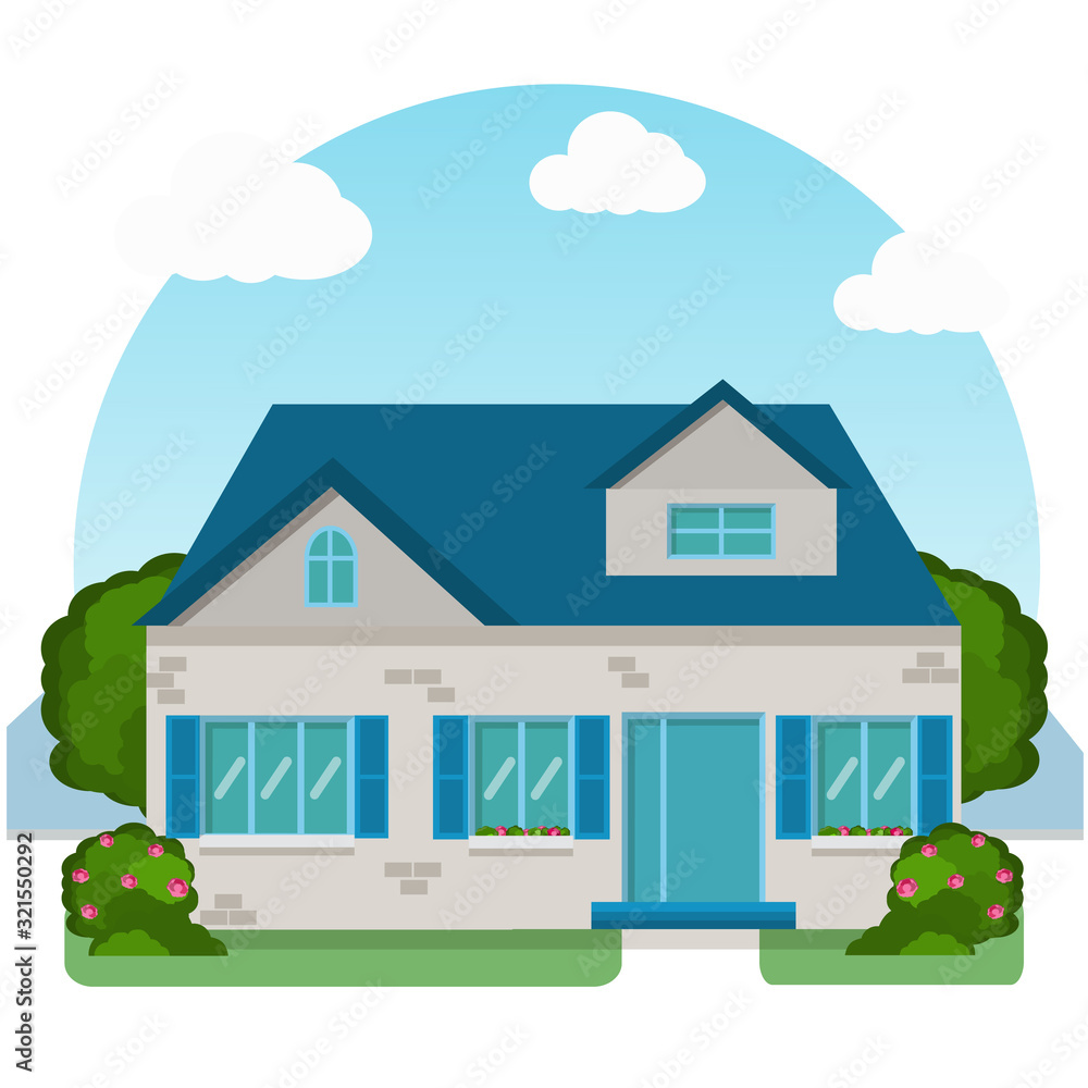 Blue house in flat style. Around house green landscape.