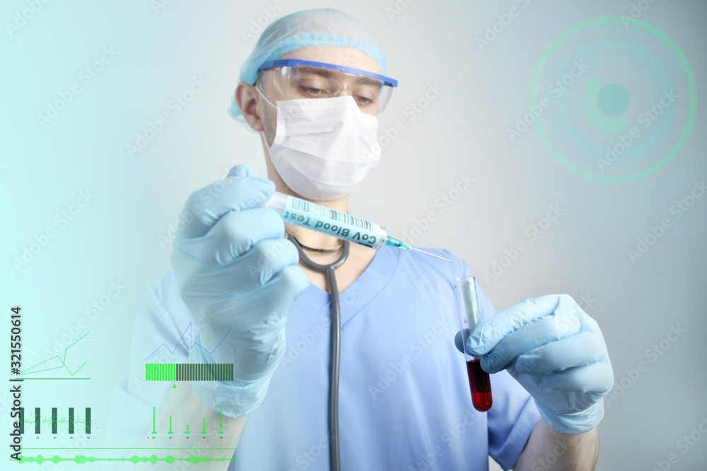 medical laboratory test tube and syringe with blood in the hand of a virologist doctor, concept of virology, epidemic, spread of coronavirus medical laboratory test tube and syringe with blood in the hand of a virologist doctor, concept of virology, epidemic, spread of coronavirus