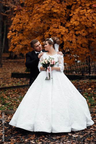 Bride and groom in their wedding day. Happy bride and groom walking. Stylish luxury bride and elegant groom, hugging in the autumn park, on the background. Relationship love concept