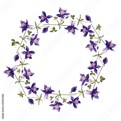 Photo Watercolor wreath of aquilegia flowers; purple flowers wreath; raster illustrati