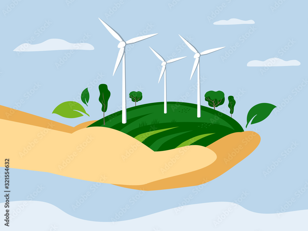 Landscape with wind turbines in human hands, eco friendly energy converter and blue sky. Vector illustration of green technologies, environment and eco power. Design concept for biofuel, ecology issue
