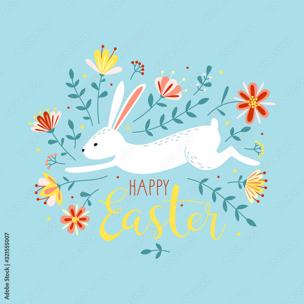 Obraz premium vector easter composition with bunny and flowers