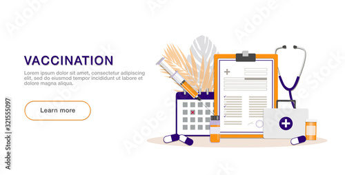 Vaccination. Landing page template. Modern flat concept for web design. Vector illustration with syringe with vaccine, bottle, calendar, patient card and pills.