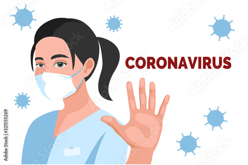 stop coronovirus. Determined doctor stops the dangerous virus from China with his hand. vector illustration isolated on white.