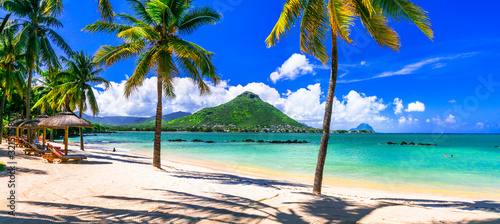 Fototapeta Naklejka Na Ścianę i Meble -  Amazing tropical scenery of beautiful beach and mountain view. Flic en Flac, Mauritius island
