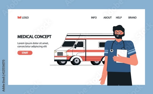 Health insurance concept, ambulance transport, medical service and insurance. Trendy modern vector illustration in a flat style. A male paramedic, a doctor is standing next to an ambulance van.
