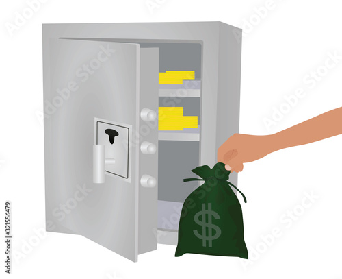 Hand take dollar bag from safe box. thief concept. vector