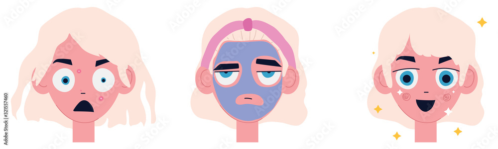 A set of images about problem skin with pimples, application of an acne mask, and clean skin. Emotional vector illustration