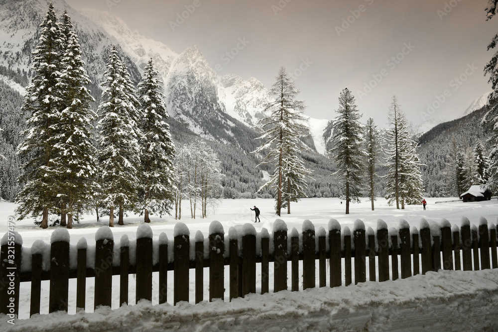 beautiful winter landscape at Antholz Lake, Italian Alps, South Tirol, Italy.