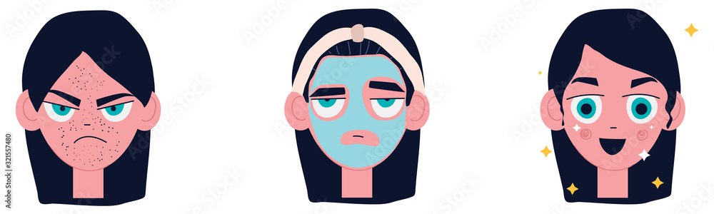 A set of images about problem skin with blackheads, mask application from black dots and clean skin. Emotional vector illustration A set of images about problem skin with blackheads, mask application from black dots and clean skin. Emotional vector illustration