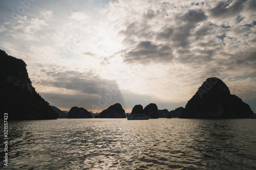 Panoramic view of Ha Long Bay area  a beautiful touristic place with karst mountains in the sea  in Vietnam