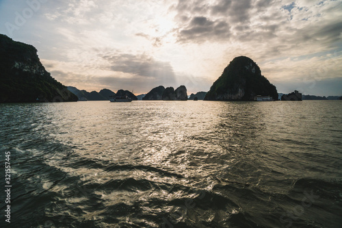 Panoramic view of Ha Long Bay area  a beautiful touristic place with karst mountains in the sea  in Vietnam