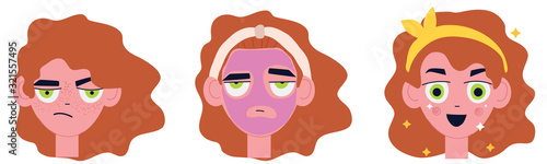 A set of images about skin with freckles, application of a mask against pigmentation and clean skin. Emotional vector illustration