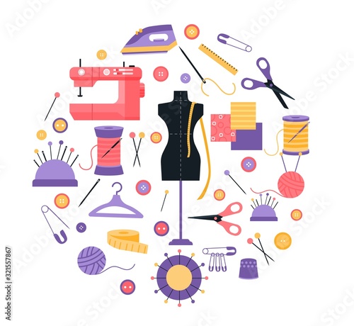 Vector tailor icons set  with sewing and knitting tools and accessories in circle shape. Vector illustration in flat cartoon style on trendy color.