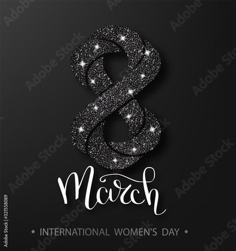 8 March gold glitter for Women Day greeting card and luxury text lettering on a white background. Calligraphic pen inscription