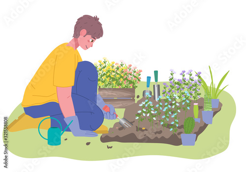 The gardener plants flowers in a flowerbed from a wooden box with seedlings. Cartoon vector stylish character.  