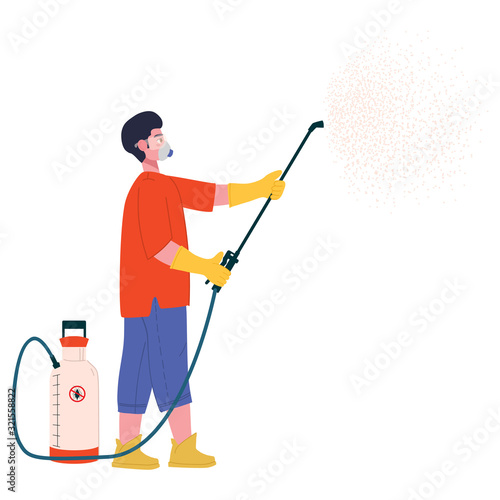 A male farmer sprays pest poison from a sprayer. Vector cartoon character illustration 