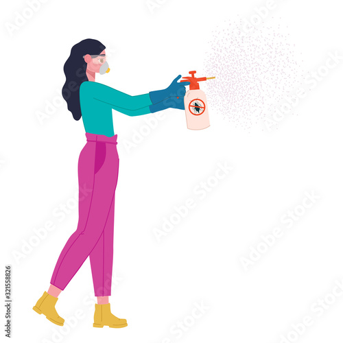 Girl wearing a protective mask and goggles with a chemical pest sprayer. Cartoon character vector illustration.