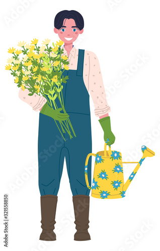 A man gardener with flowers and a yellow sticker is isolated on a white background. Cartoon Vector Character