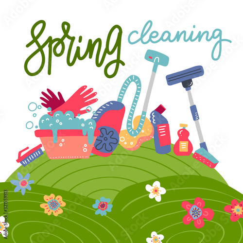 Spring cleaning square background with cleaning tools, equipment in flowering hills field. Flat hand drawn vector illustration for greeting card, ad, promotion, poster, flier, blog, article