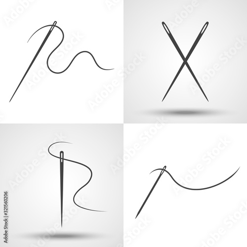Sewing needle with thread.  Black icon set.